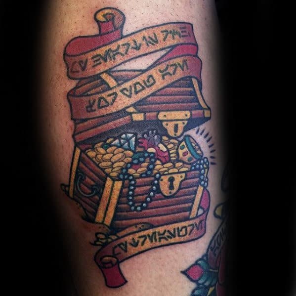 Banner With Treasure Chest Guys Arm Tattoo Designs