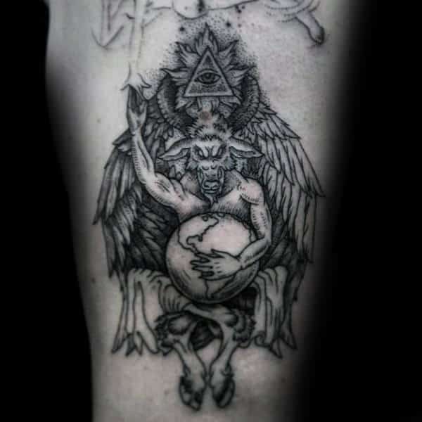 Baphomet Holding Globe Mens Thigh Tattoos