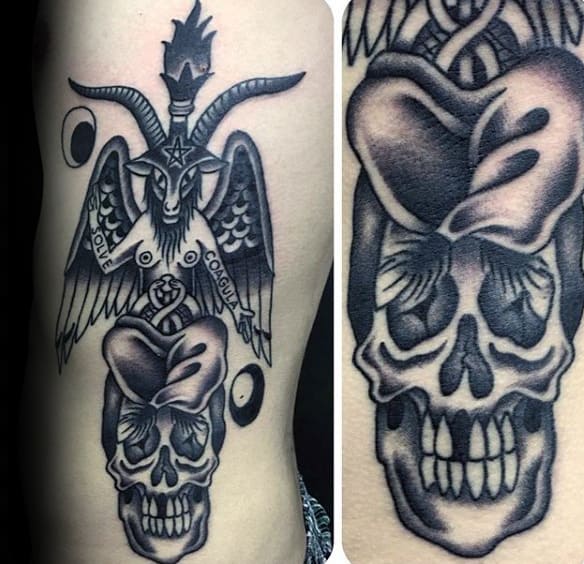 Baphomet Skull Old School Mens Rib Cage Side Tattoos