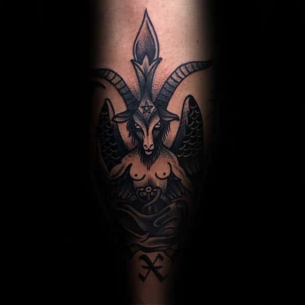 Baphomet Tattoo On Gentlemans Leg
