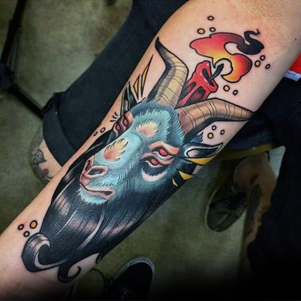 Baphomet With Candle Mens Forearm Tattoos