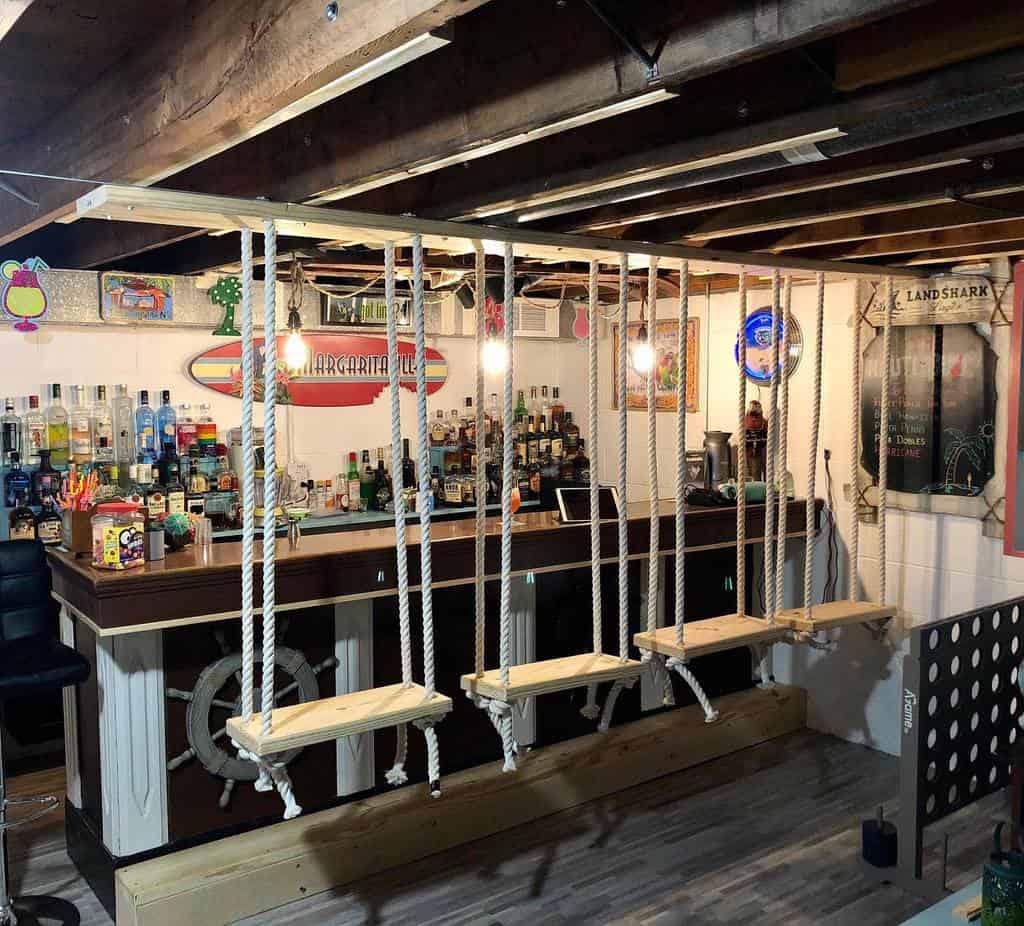 small basement bar with rope swing seating