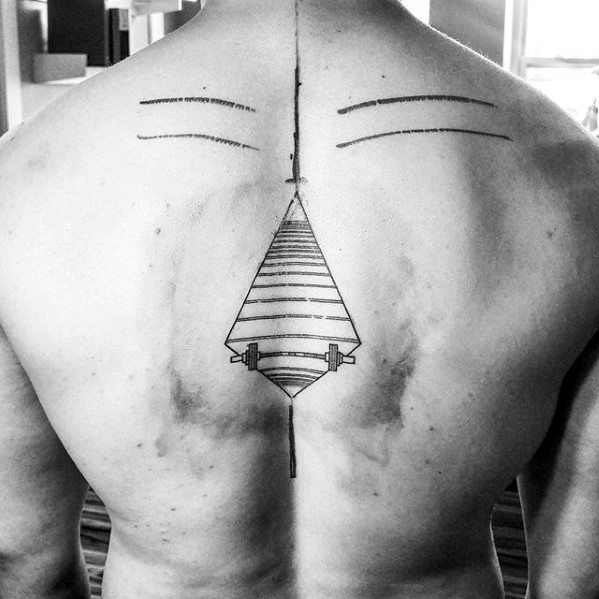 Geometric barbell tattoo on the back with abstract lines and symmetry, symbolizing balance, strength, and discipline.