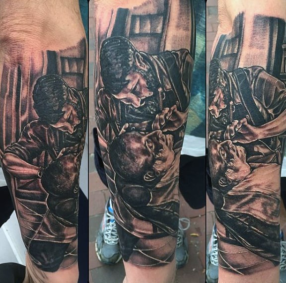 Barber Shaving Customer In Shop Tattoo For Men On Lower Arm