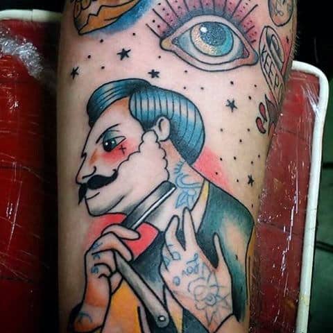 Barber Shaving With Straight Razor Mens Tattoo