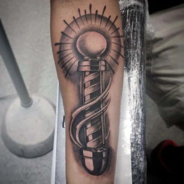 Barber Shop Pole With Light Tattoo On Mans Forearm