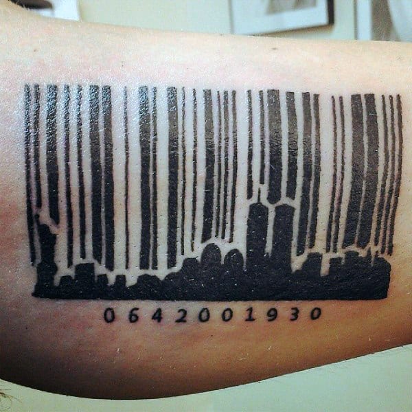 Barcode City Skyline Mens Tattoo On Arm