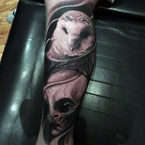 Barn Owl With Alien Head Male Leg Tattoo Sleeve