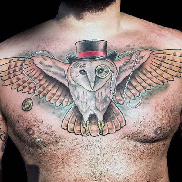 Barn Owl With Monocle And Top Hat Mens Chest Tattoos