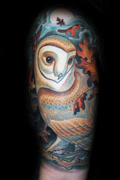 Barn Owl With Orange Leaves Mens Half Sleeve Tattoo