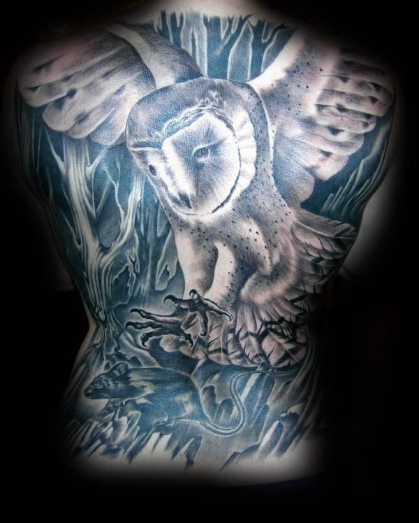 Barn Owl With Rat Mens Shaded Full Back Tattoos