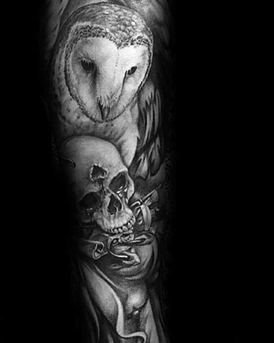 Barn Owl With Skull Guys Heavily Shaded Sleeve Tattoos
