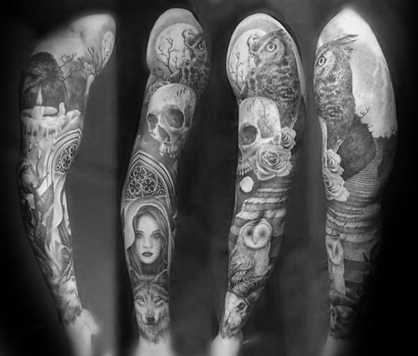 Barn Owl With Stairs And Skull Sleeve Tattoos For Guys