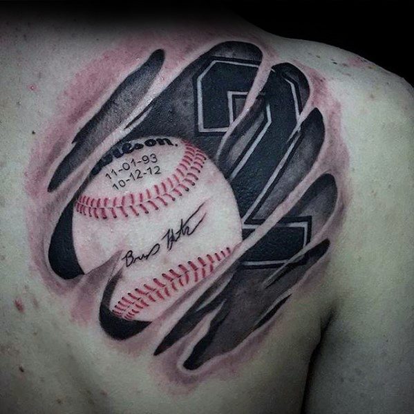 Realistic ripped-skin tattoo revealing a baseball with red stitching, jersey number, dates, and signature, symbolizing tribute and passion.