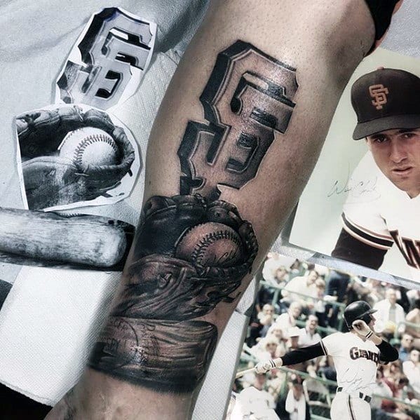 Realistic black and grey tattoo of the San Francisco Giants logo above a baseball glove and ball, celebrating MLB pride and love for the team.