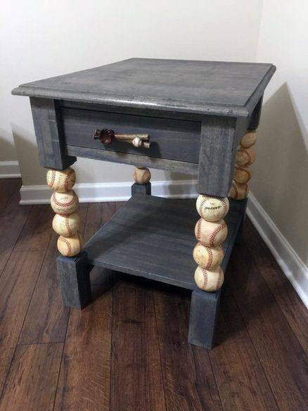 Wooden side table with baseball-themed legs and a drawer with a baseball drawer pull