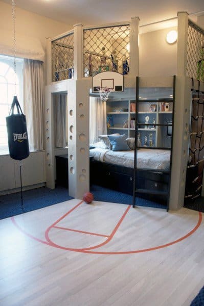 Kids' room with a bunk bed, basketball hoop, punching bag, and a mini court painted on the floor