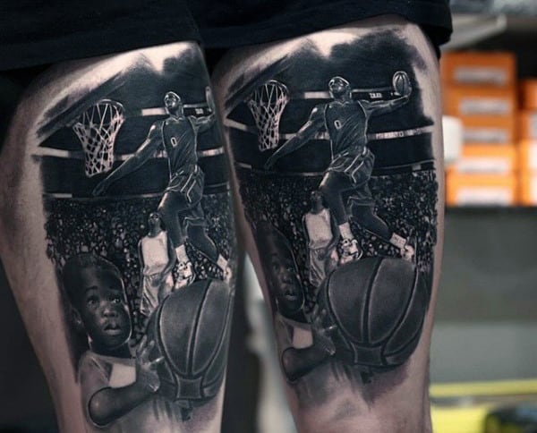 Basketball Player Slam Dunk Black Inkguys Thigh Tattoos