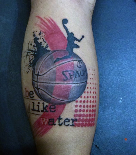 Tattoo of a basketball, player silhouette, abstract marks, and "be like water" text on an arm