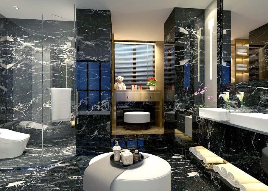 luxury modern black and white marble bathroom dual vanities