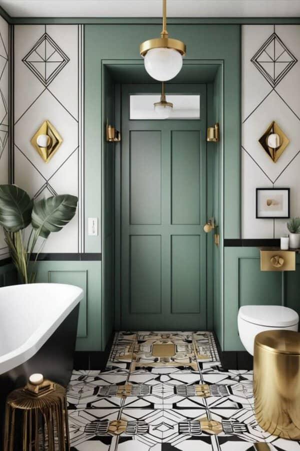Gold globe pendant in a green-and-white art deco bathroom with bold geometric tiles, brass accents, and black trim.