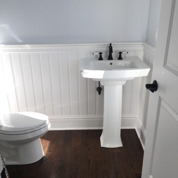 white bathroom beadboard wainscoting