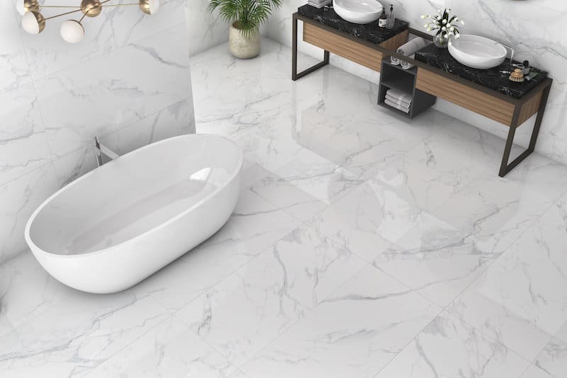 modern bathroom marble tile floor white freestanding tub