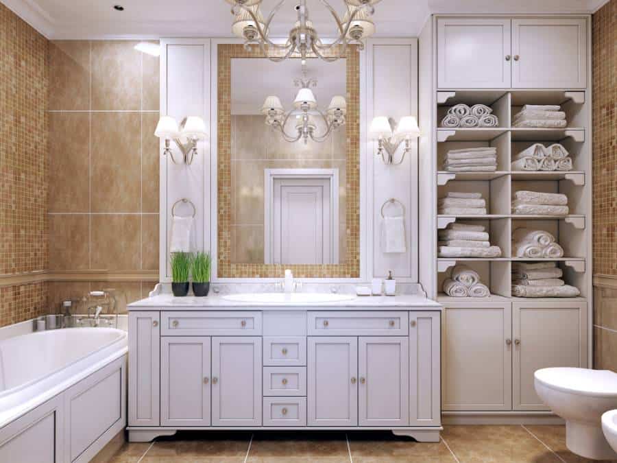 elegant bathroom large white vanity and cabinet with shelves mosaic wall tiles 