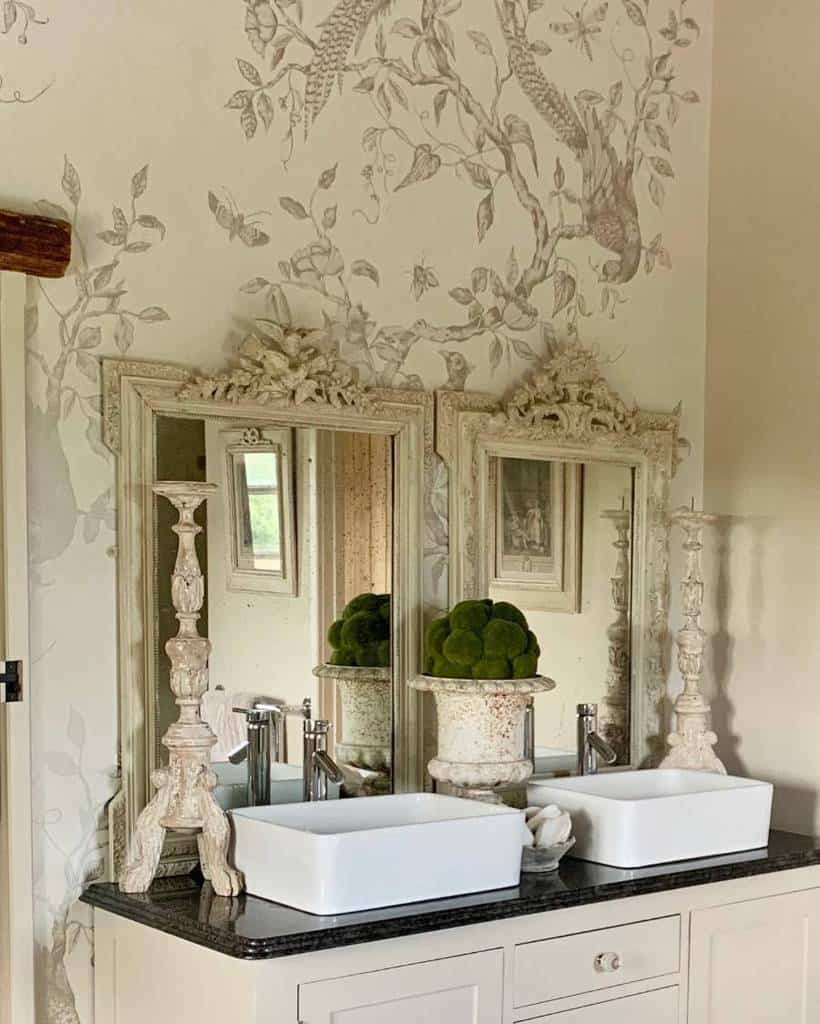 elegant bathroom bird wallpaper dual vanity candlesticks 