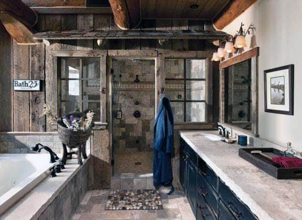 Rustic bathroom featuring a stone shower, dark wood accents, and a hanging robe