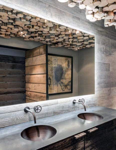 Rustic bathroom with unique wooden ceiling, double sinks, and a large mirror