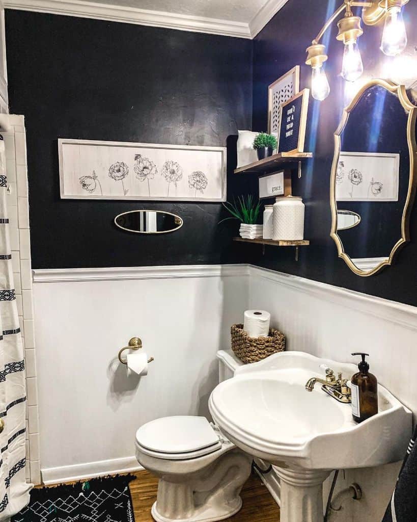 white and black two tone wall modern farmhouse bathroom