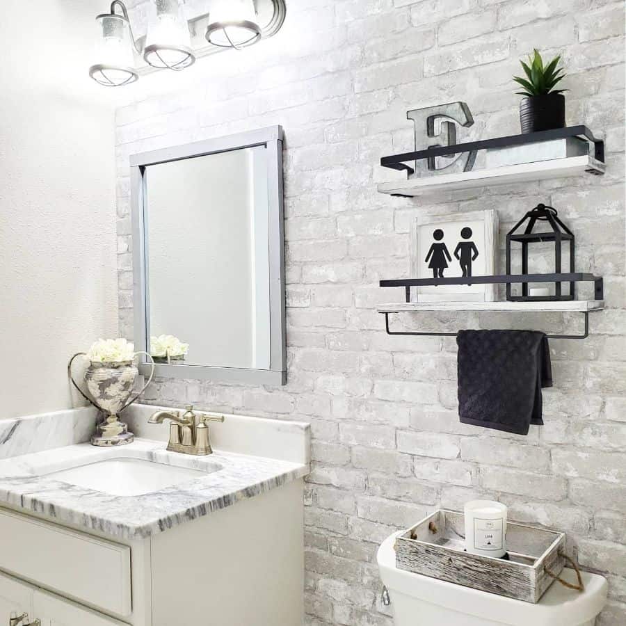 white brick wallpaper farmhouse bathroom