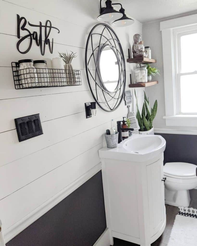 stand alone white sink shiplap wall small farmhouse bathroom