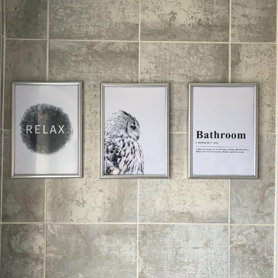 Three bathroom posters featuring "Relax" text, owl art, and a bathroom definition.
