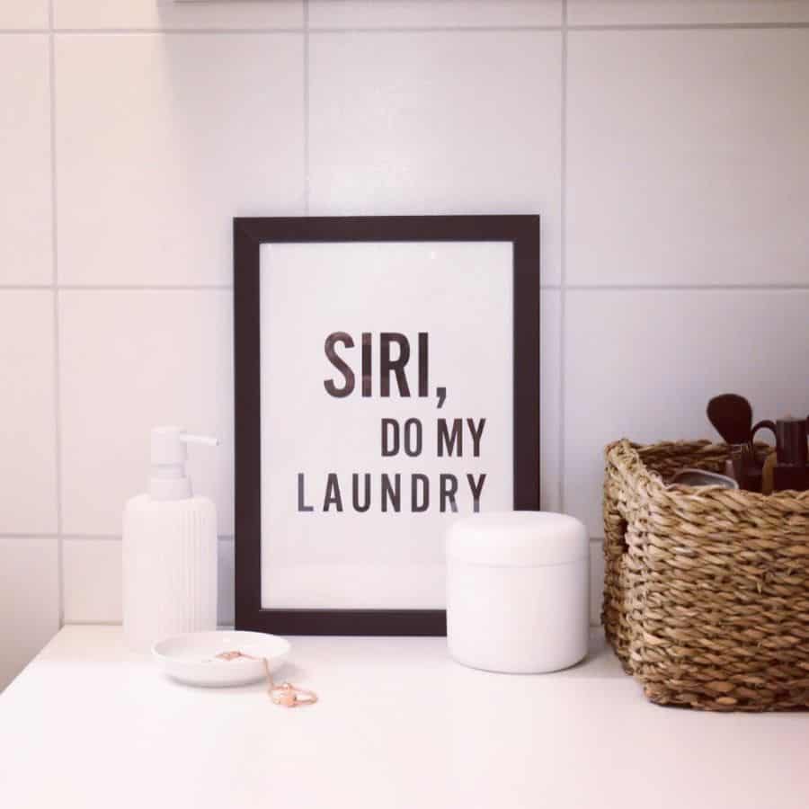 Laundry room art with the text "Siri, Do My Laundry" on a framed sign.