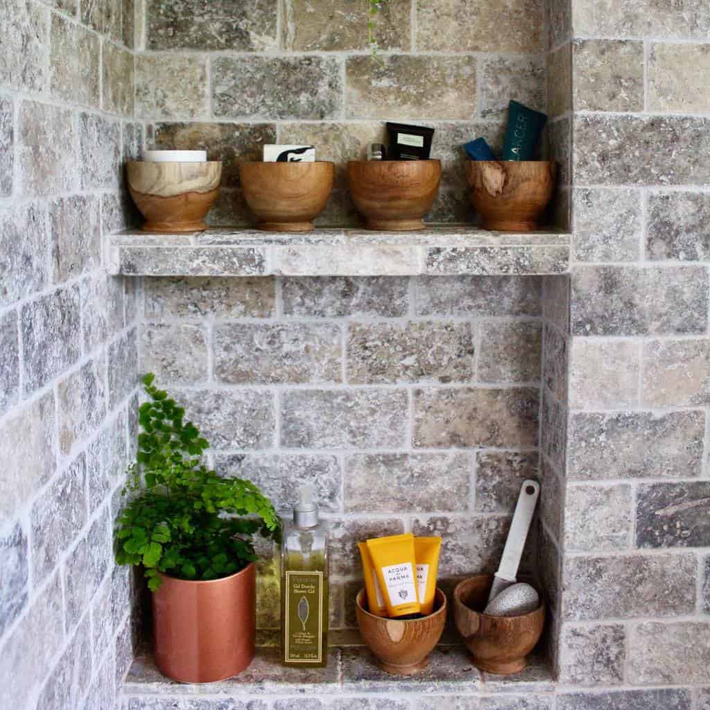 recessed stone shower shelves