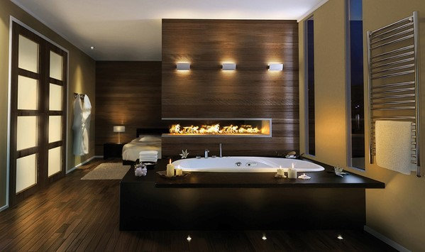 Luxurious bathroom with a freestanding bathtub, wooden walls, and modern lighting