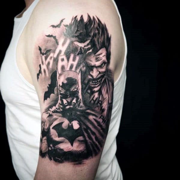 Batman And Joker Themed Guys Shaded Black And Grey Ink Arm Tattoos