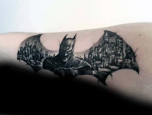 Batman Symbol With City Skyline Mens Forearm Tattoos