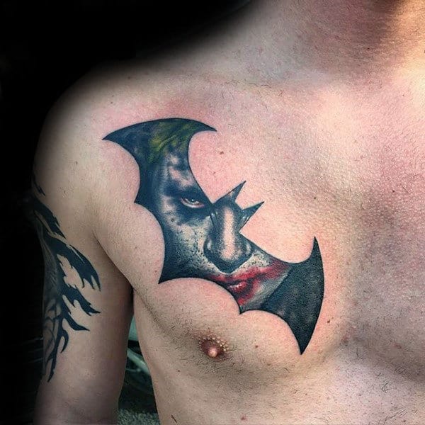 Batman Symbol With Joker Mens Upper Chest Tattoos