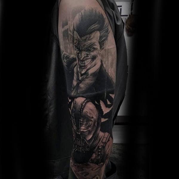 Batman Themed Guys Dc Comics Bane And Joker Full Arm Sleeve Tattoo