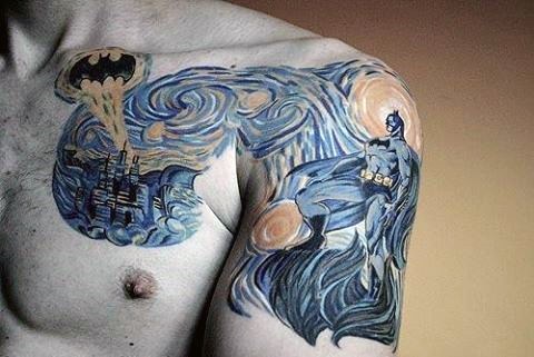 Batman Themed Starry Night Mens Chest And Arm Tattoo
