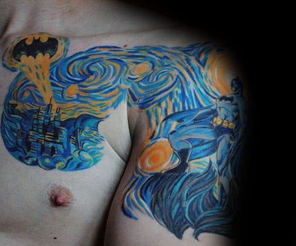 Batman Themed Vincent Van Gogh Painting Mens Chest And Arm Tattoo
