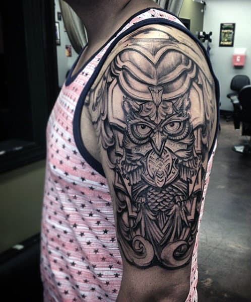 Battle Armor Owl Mens Nice Half Sleeve Tattoo Ideas