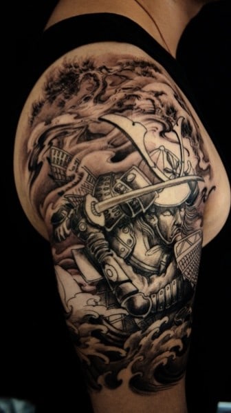 Arm tattoo depicting a detailed samurai amidst swirling patterns and dark clouds