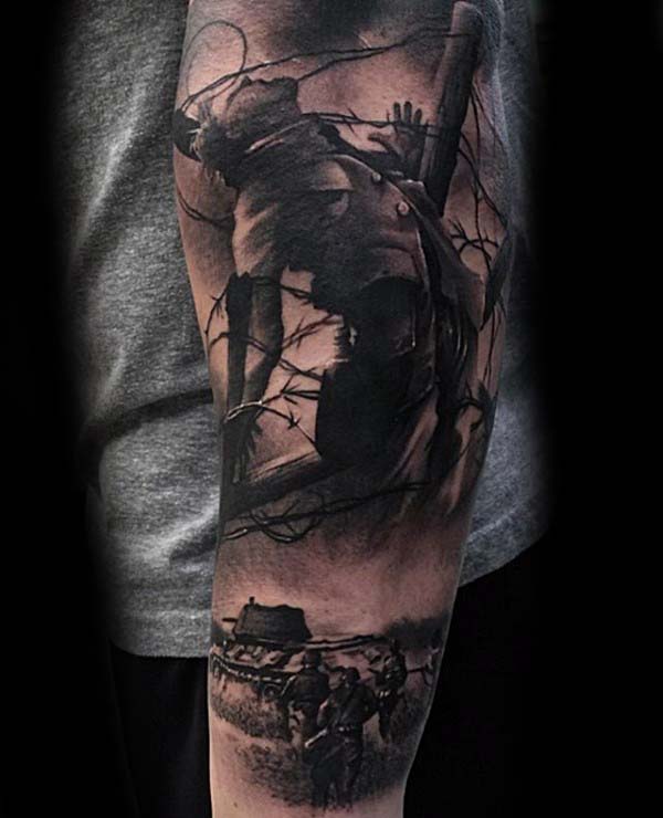 Battlefield Mens Extreme Shaded Realistic Forearm Tattoo Design
