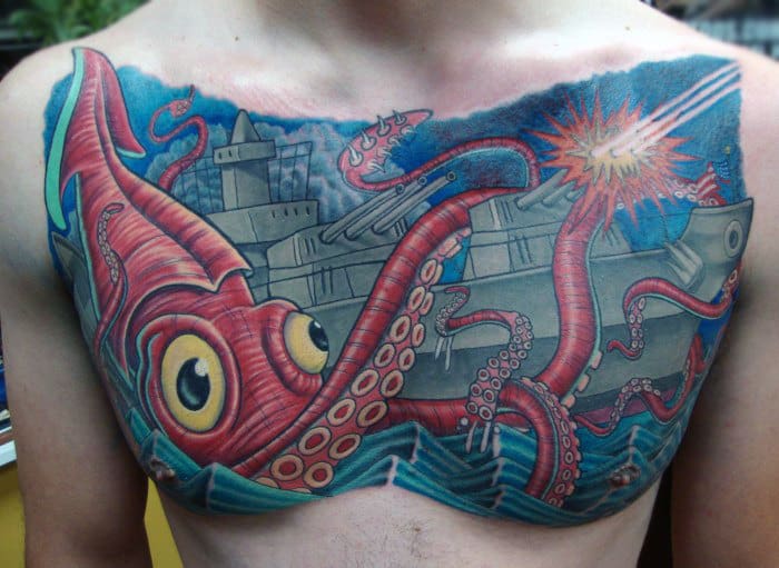Battleship Giant Squid Tattoo For Men On Chest