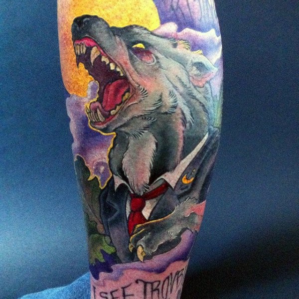 Bawling Werewolf With Tie And Coat Tattoo Mens Sleeves