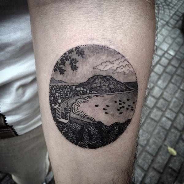 Beach Landscape Circle Mens Inner Forearm Tattoos